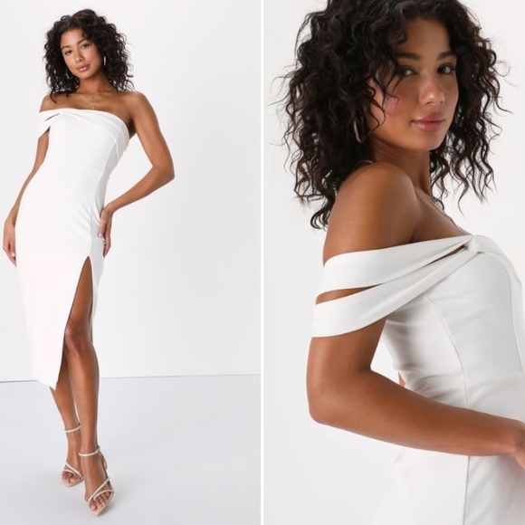 LULU's Bridal Chic Modern Sexy Minimalist Off the Shoulder Midi Dress NWOT - Picture 1 of 3